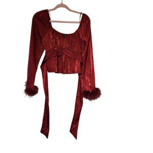 Red Satin Babydoll Fairy Peasant Coquette Witchy  Burgundy Feathered Cuffs Tie M